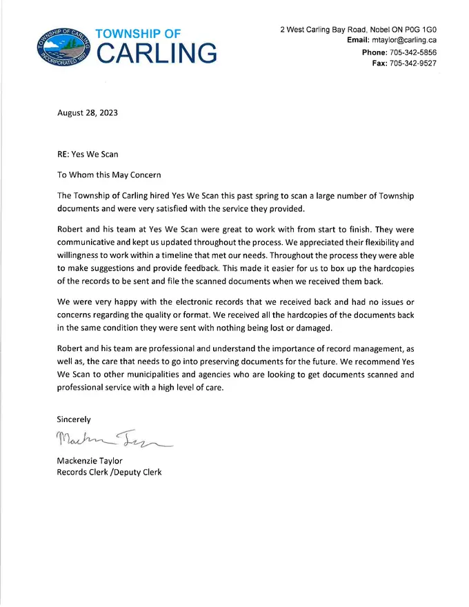 Letter from the Township of Carling, dated August 28, 2023