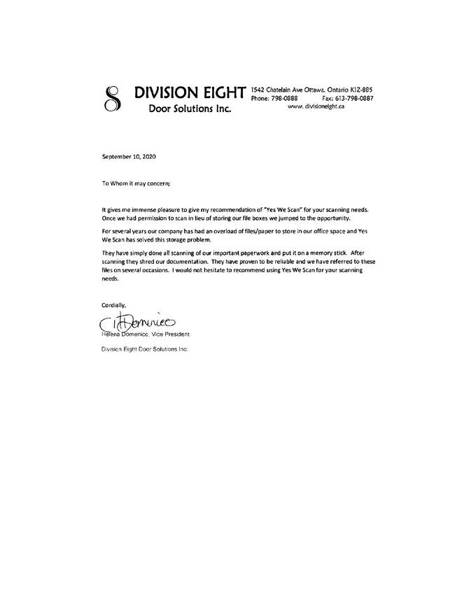 Letter from Division Eight Door Solutions Inc., dated September 10, 2020