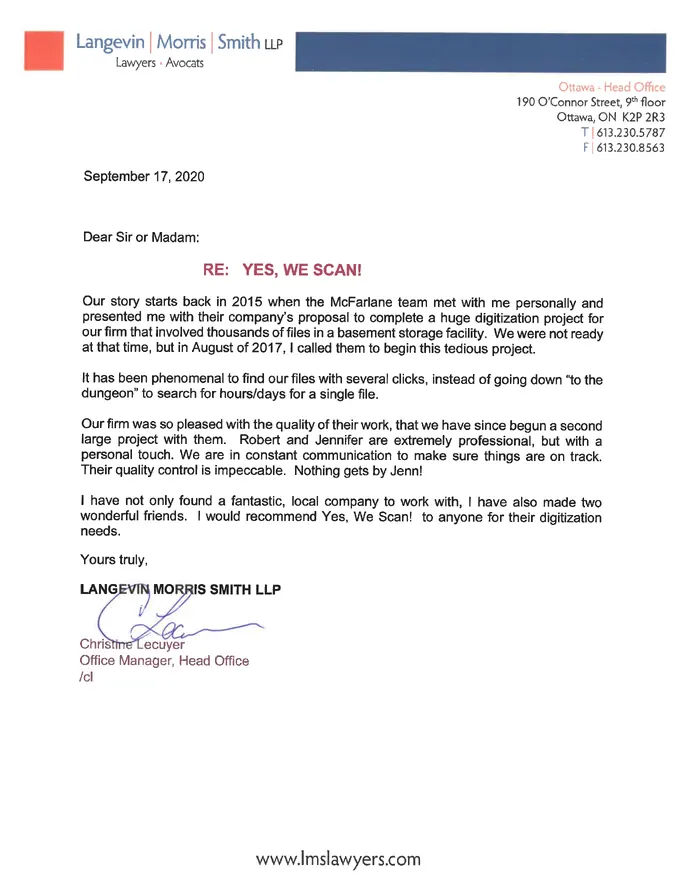 Letter from Langevin Morris Smith LLP, dated September 17, 2020